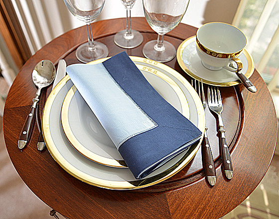 Hemstitch festive dinner napkins. Light Blue and Navy color