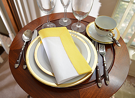 Hemstitch festive dinner napkins. white and light yellow color