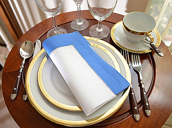 Hemstitch festive dinner napkin. white with French Blue color