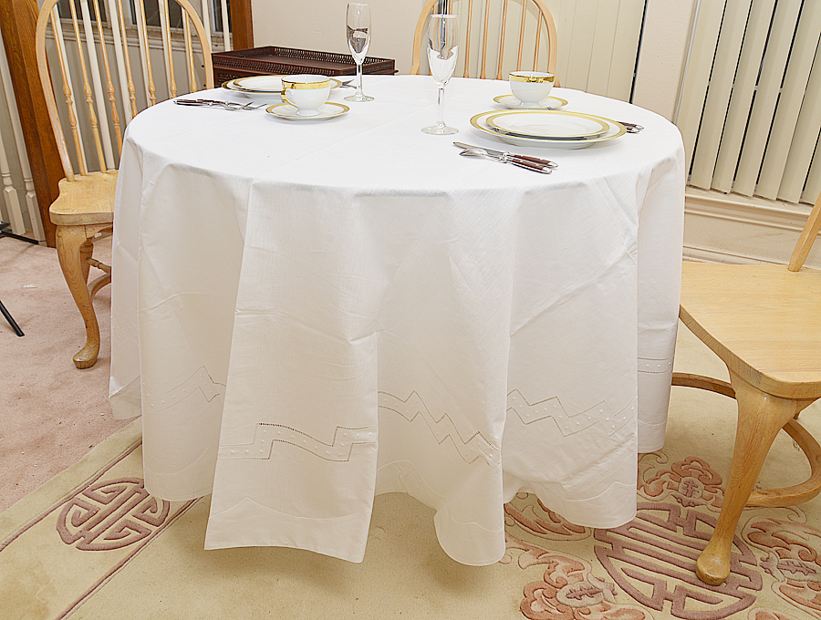 Hemstitch Festive tablecloth. 90"Round tablecloth.