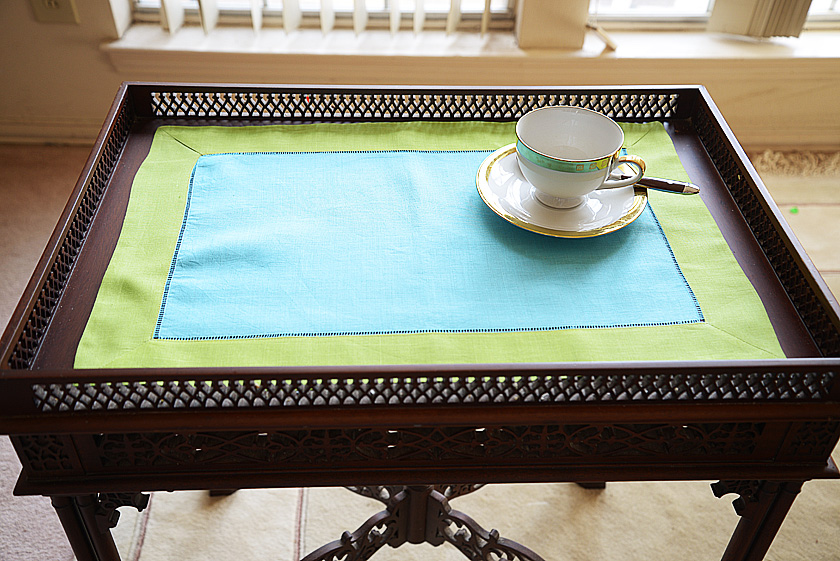 Hemstitch Placemat, Color on Color Aqua On Hot Green Border