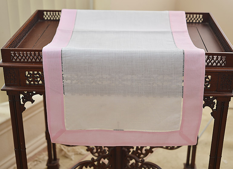 Hemstitcb Table Runner, Color On Cherry Blossom Color Border.