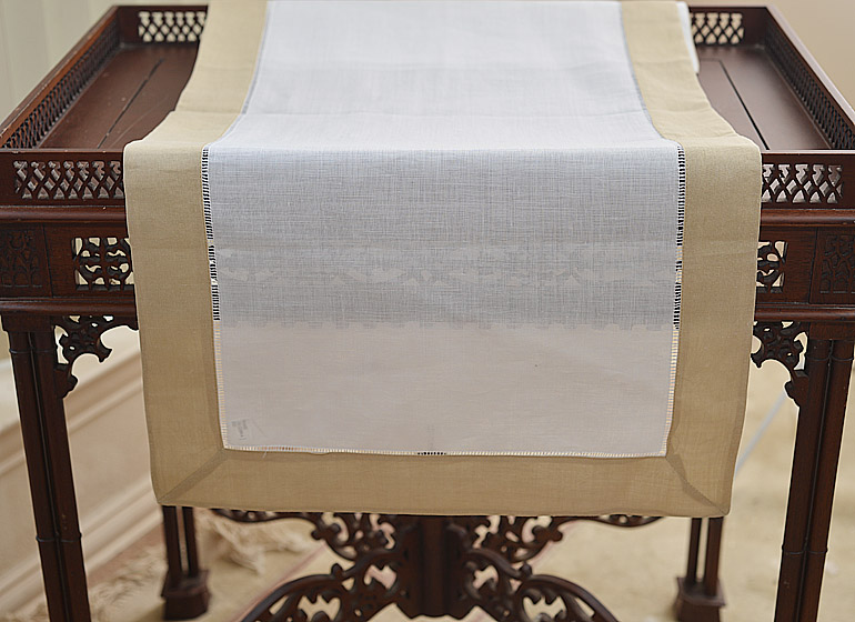 Hemstitcb Table Runner, Color On Almond Milk Color Border.