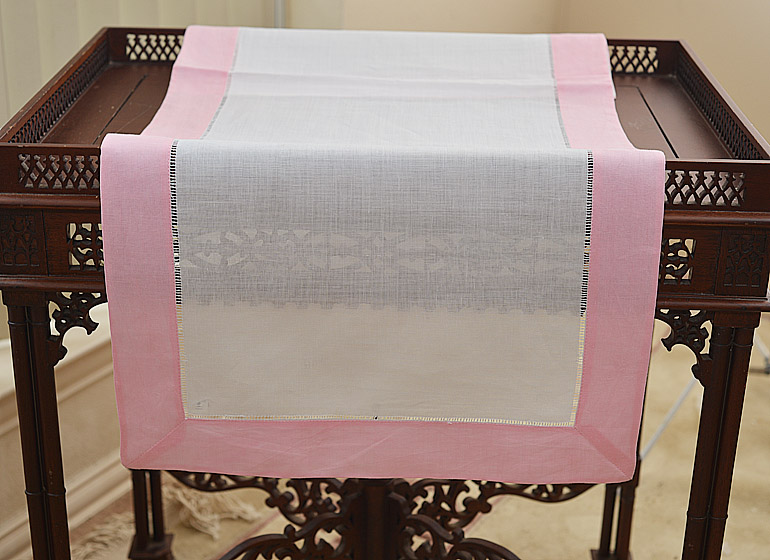 Hemstitcb Table Runner, Color On Orchild Pink Color Border.