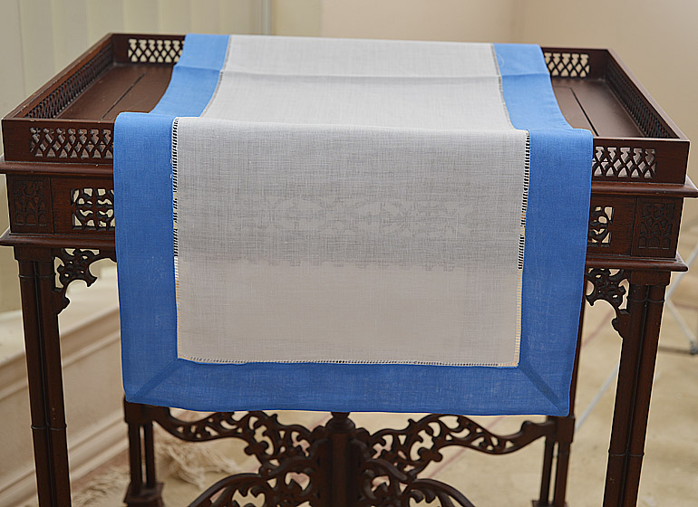 Hemstitcb Table Runner, Color On French Blue Color Border.
