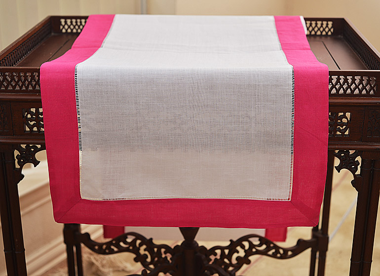 Hemstitcb Table Runner, Color On Hot Pink Color Border.