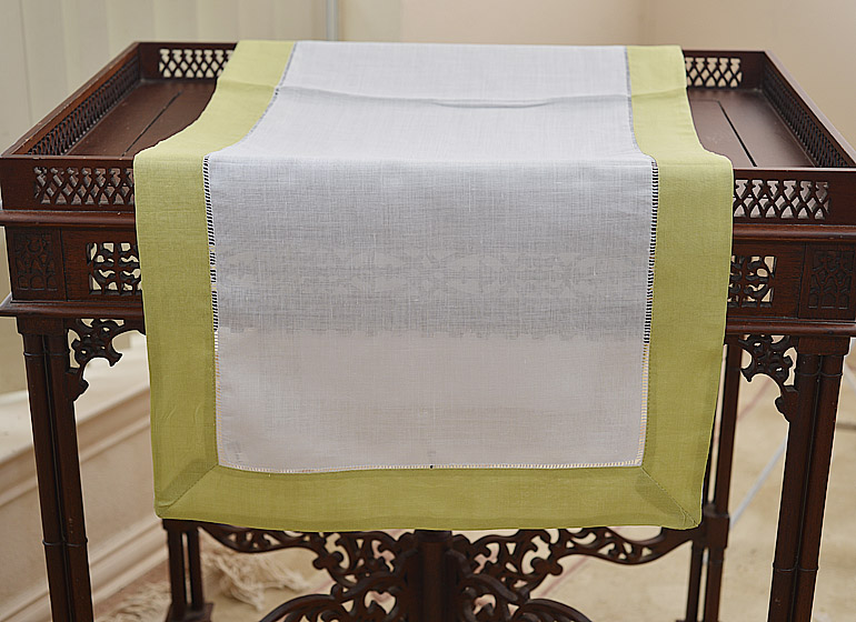 Hemstitcb Table Runner, Color On Mellow Green Color Border.
