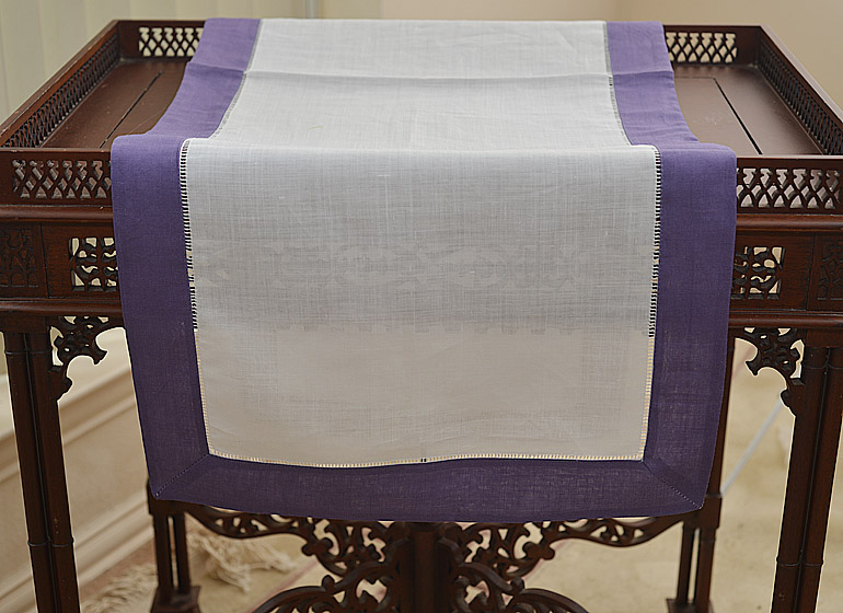 Hemstitcb Table Runner, Color On Imperial Purple Color Border.