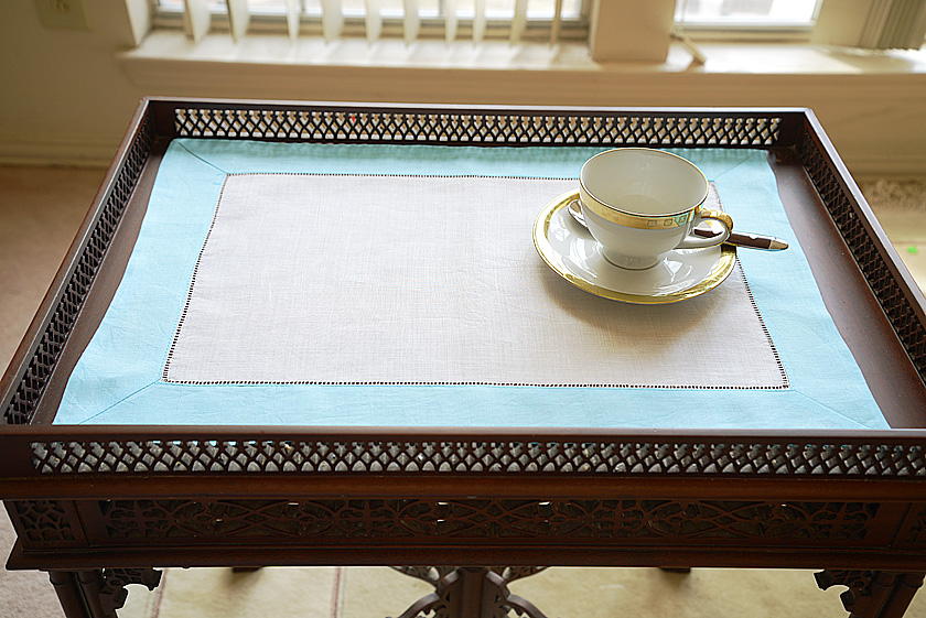 Hemstitch Placemat, Color on Color Ivory On Airy Blue Border
