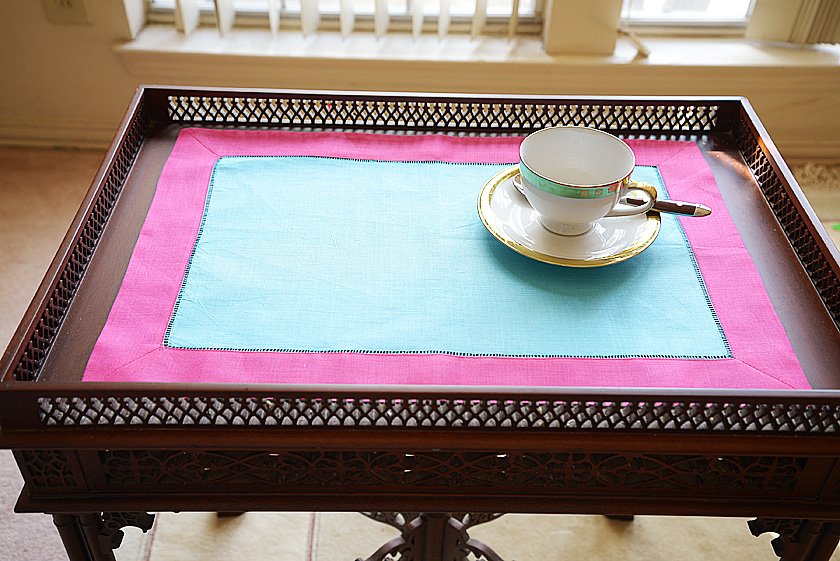 Hemstitch Placemat, Color on Color Aqua On Hot Pink Border