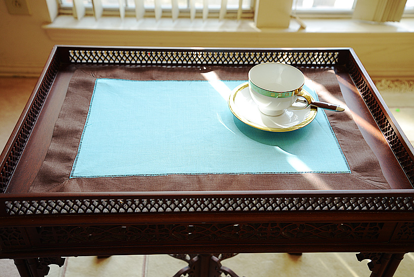 Hemstitch Placemat, Color on Color Aqua On Brown Border