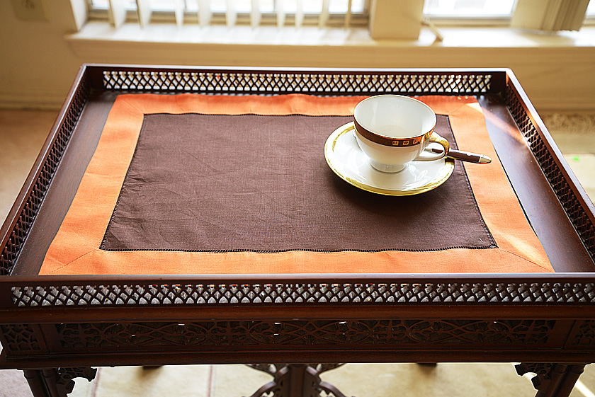 Hemstitch Placemat, Color on Color Brown On Hot Orange Border