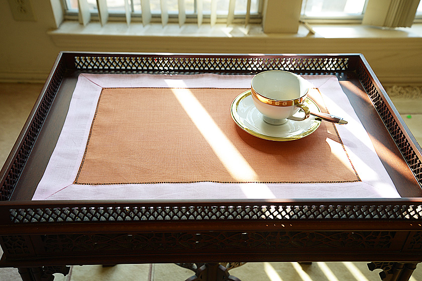 Hemstitch Placemat, Color on Color Burnt Orange On Pink Border.