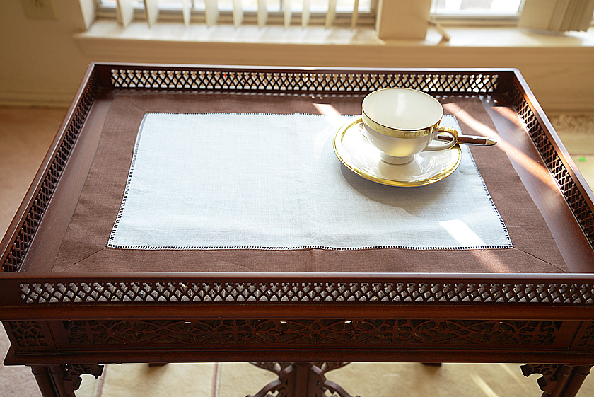 Hemstitch Placemat, Color on Color Light Blue On Brown border