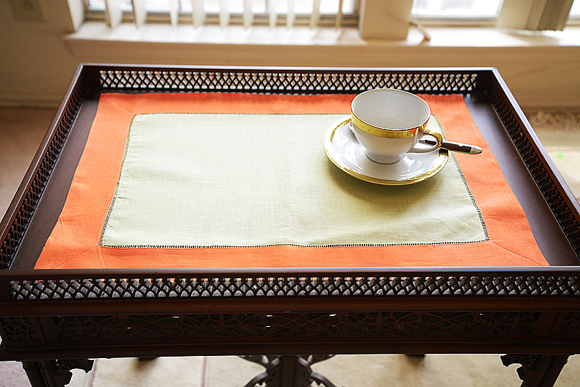 Hemstitch Placemat, Color on Color Tender Green with Hot Orange border