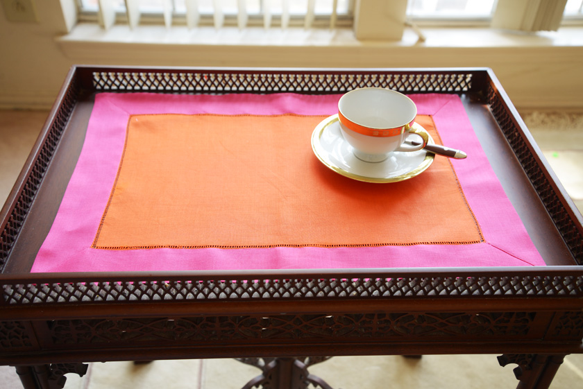 Hemstitch Placemat, Color on Color Hot Orange On Hot Pink border.