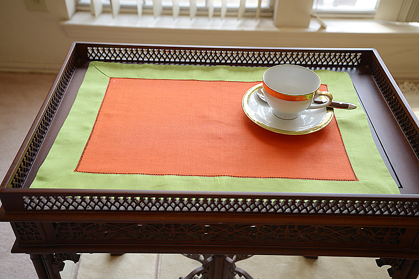 Hemstitch Placemat, Color on Color Hot Orange On Hot Green border.