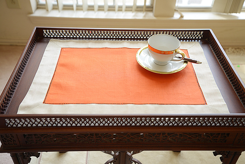 Hemstitch Placemat, Color on Color Hot Orange On Tender Green border.