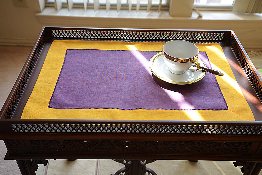 Hemstitch Placemat, Color on Color Purple On Gold Green border.